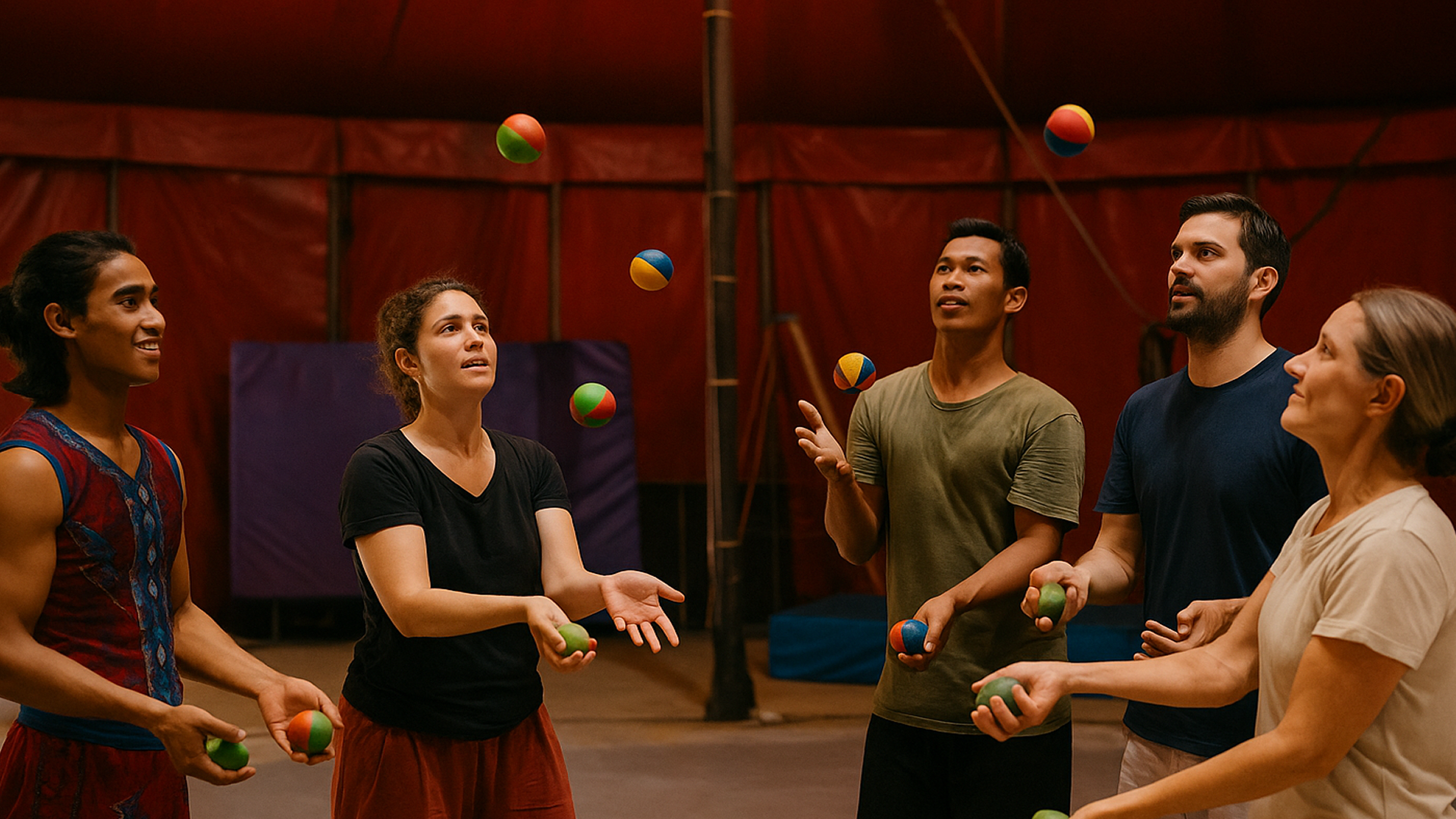 Circus Skills Team Warm-Up Under the Big Top, Cambodia