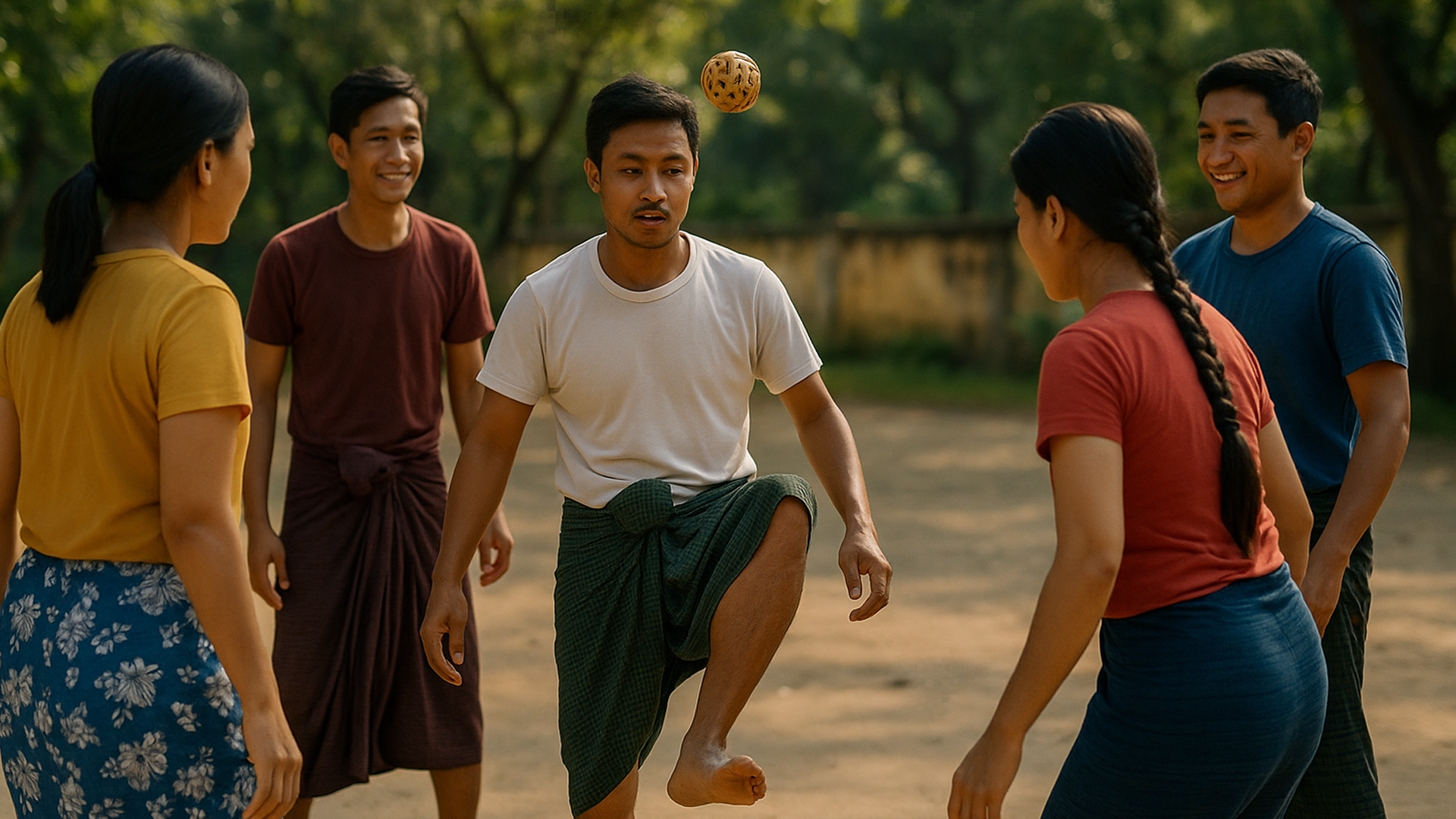 Chinlone Cane-Ball Team Keep-Up Circle Game, Myanmar