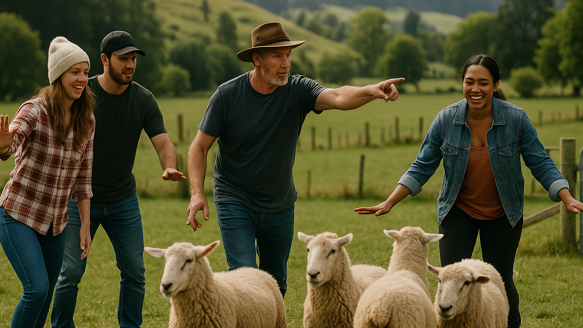 Human Sheep Dog Trials Paddock Team Exercise, New Zealand
